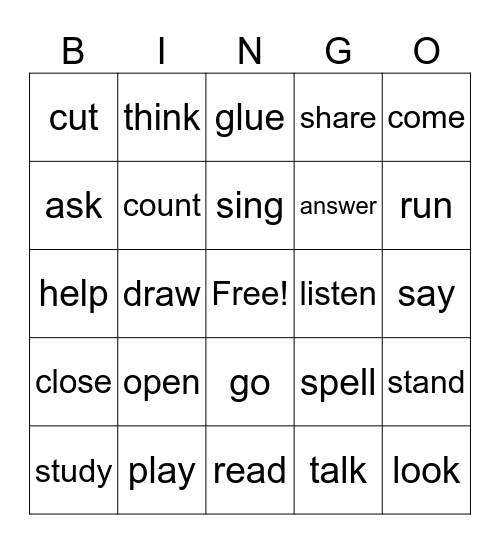 Present Tense Verbs Bingo Card