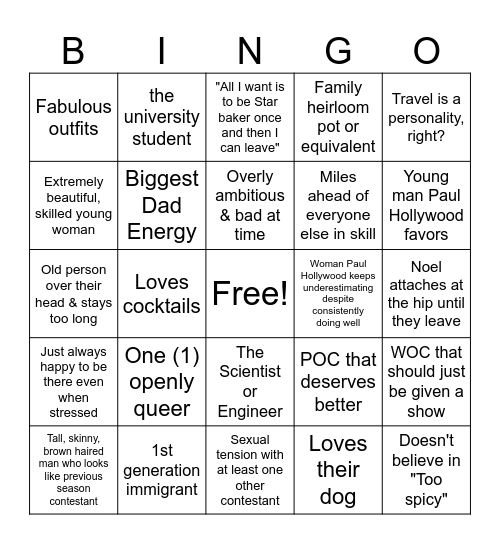 Great British Bake Off Contestants Bingo Card