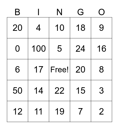 Addition Fluency Bingo Card