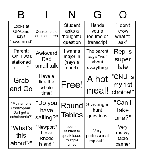 College Fair Bingo Card