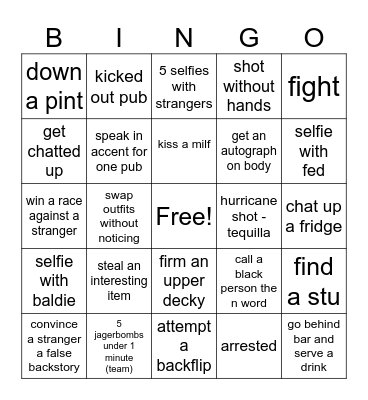 Pub crawl 2025 Bingo Card