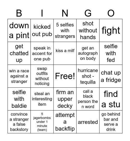 Pub crawl 2025 Bingo Card
