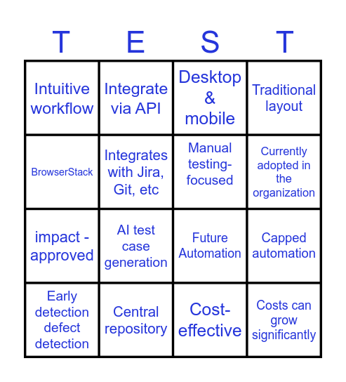 Test Management Tool Bingo Card