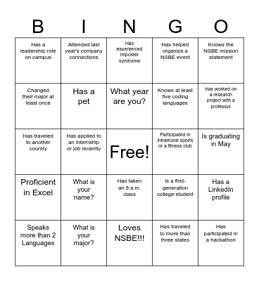 UML-NSBE Human Bingo Card