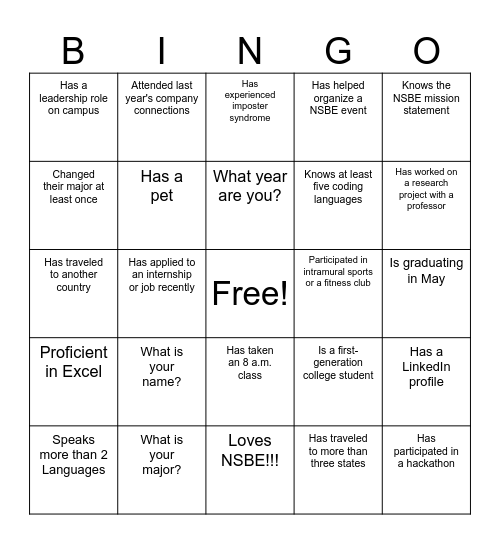 UML-NSBE Human Bingo Card