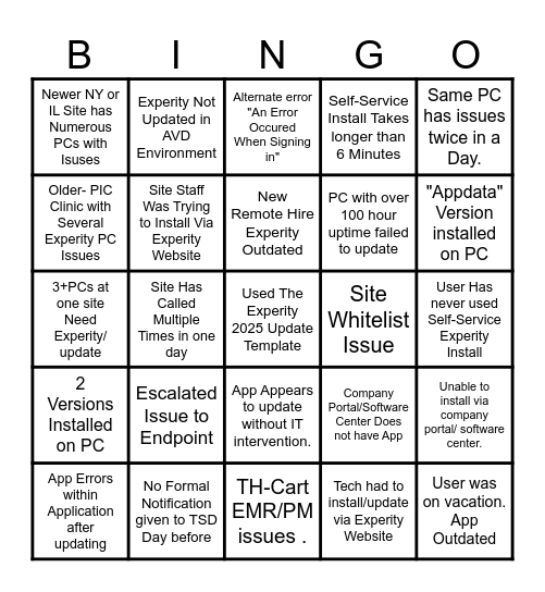 Experity Update Bingo Card