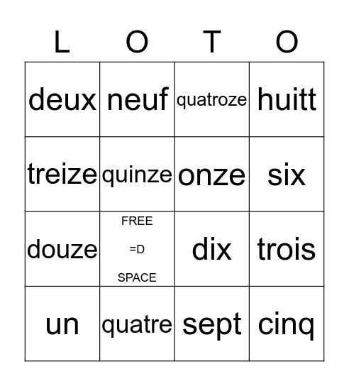 Nombres En Français Bingo Card