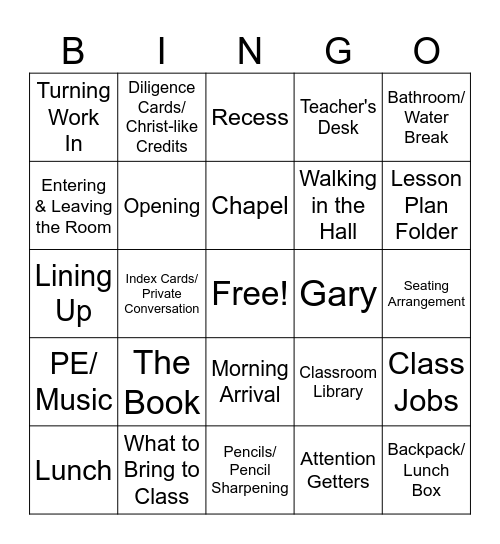 6th Grade Procedures Bingo Card