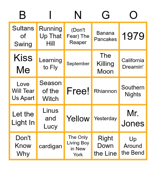 MUSIC BINGO at the Ann Arbor Eagles! Fall Flavor! Bingo Card