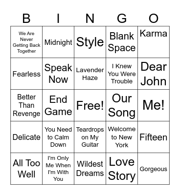 Taylor Swift Bingo Card