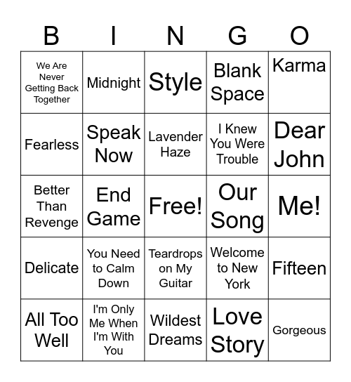 Taylor Swift Bingo Card
