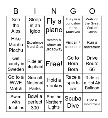 Bucket List Bingo Card