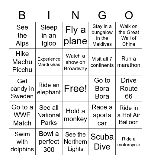 Bucket List Bingo Card