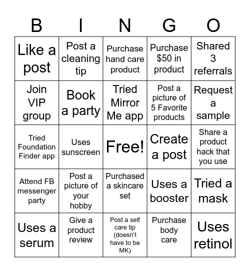 Mary Kay Bingo Card