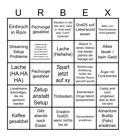Let's Urbex Bingo für Videos und Streams Bingo Card