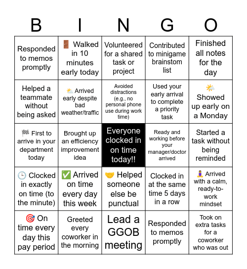 Punctuality | Consistency | Teamwork! Bingo Card