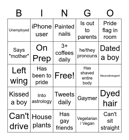 Gay Bingo Card