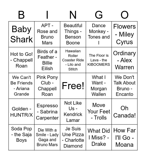Music Bingo Card