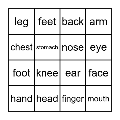 Parts of the Body Bingo Card