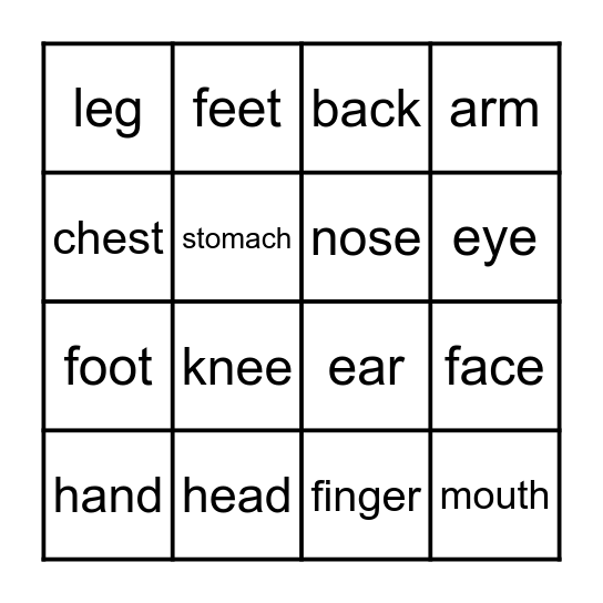 Parts of the Body Bingo Card