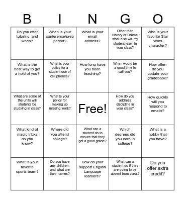 Mr. Radford Back to School Bingo!!! Bingo Card