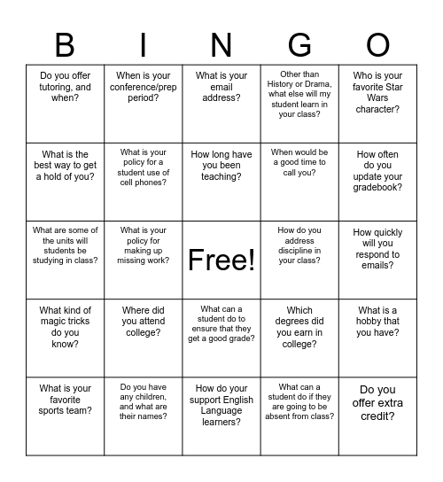 Mr. Radford Back to School Bingo!!! Bingo Card