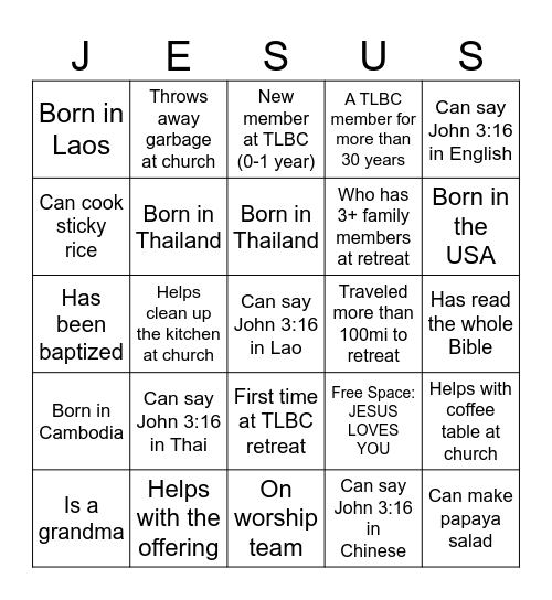 TLBC 2025 Retreat BINGO Card