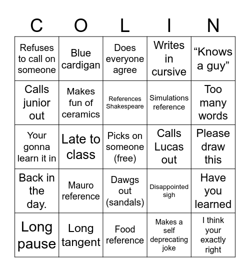 Collin Bingo Card