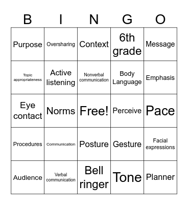 Communication Vocab Bingo Card