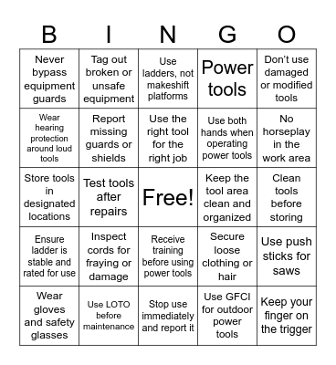 Tool & Equipment Safety Bingo Card