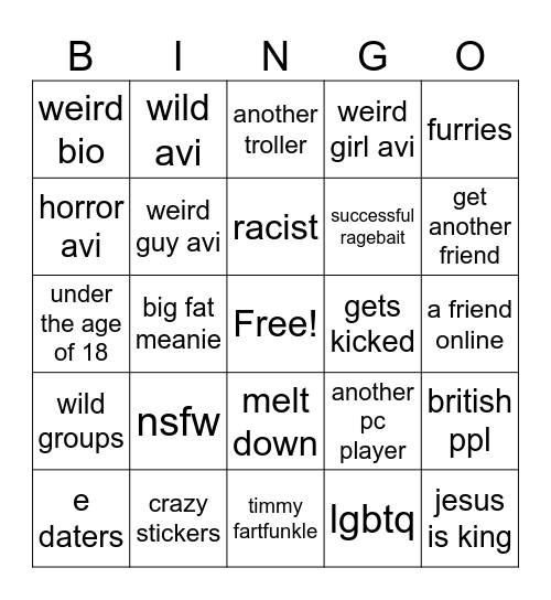 vrchat Bingo Card