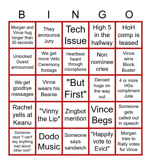 BB27 Week 8 Eviction Bingo Card