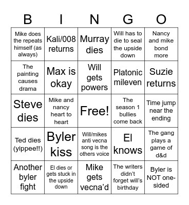 Stranger Things Bingo Card