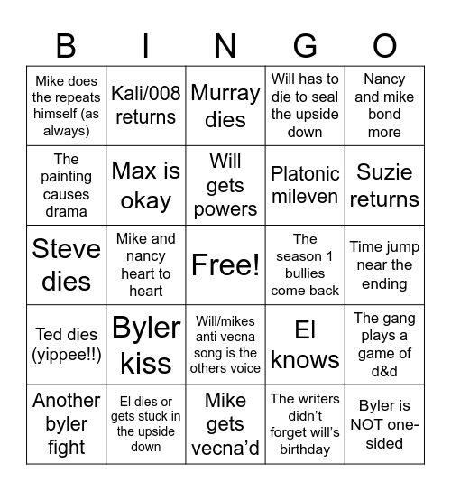 Stranger Things Bingo Card