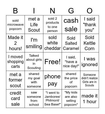 Popcorn Sales Bingo Card