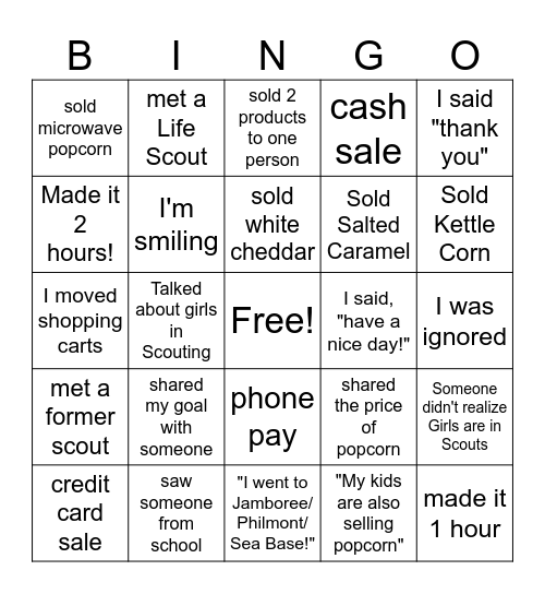 Popcorn Sales Bingo Card