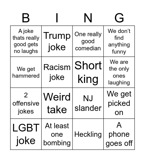Comedy show Bingo Card
