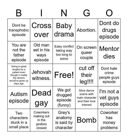 Grey' Anatomy Bingo Card