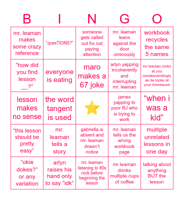 algebra 2 bingo Card