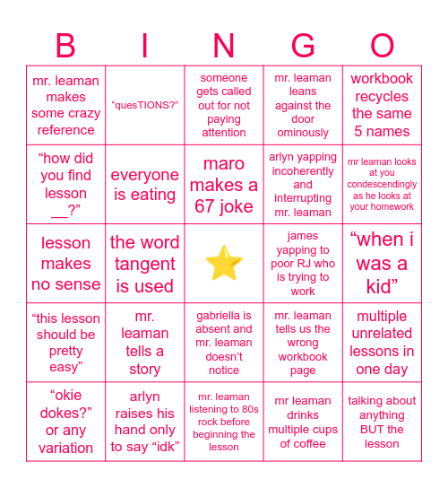 algebra 2 bingo Card