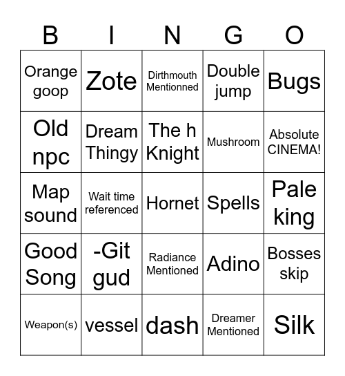 Silksong Bingo Card