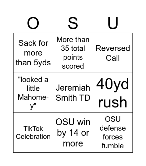 OSU vs. Washington BINGO Card