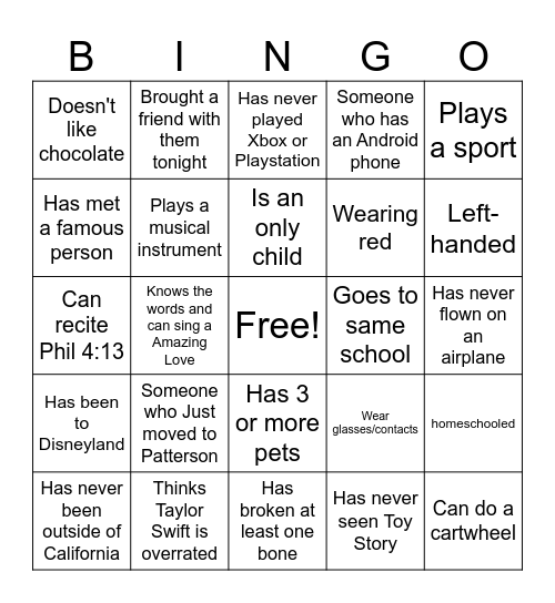 Youth Group Bingo Card