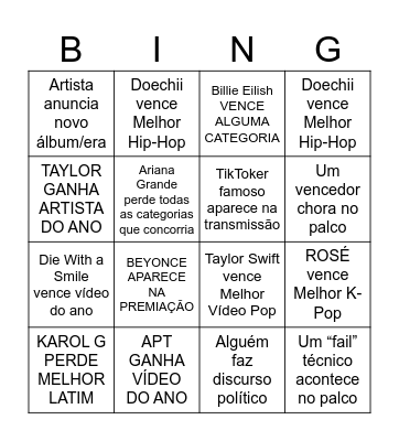 VMA 2025 Bingo Card