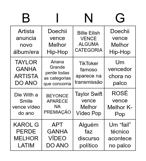 VMA 2025 Bingo Card