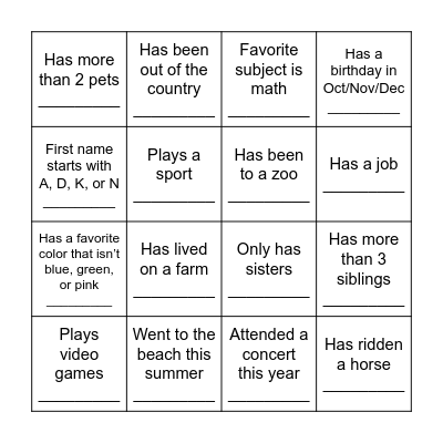 Get to Know Your Classmates Bingo Card