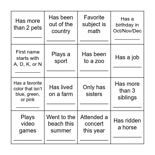 Get to Know Your Classmates Bingo Card
