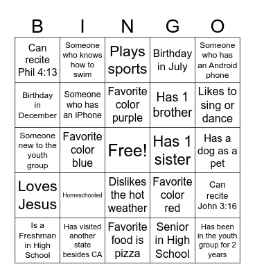 Youth Group Bingo Card