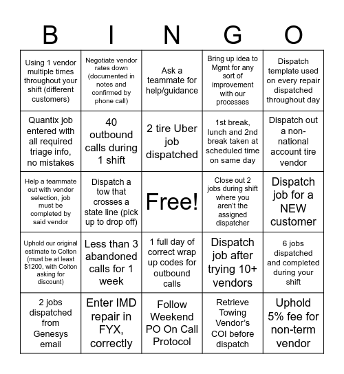 OTR Bingo Card