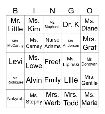 Room 206- Baker School Bingo Card